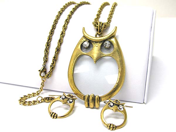 Crystal eyed and glass body filled owl pendant long necklace earring set