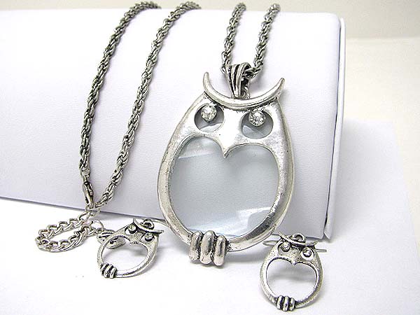 Crystal eyed and glass body filled owl pendant long necklace earring set