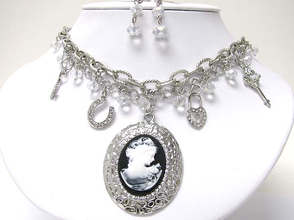 Crystal and cameo pendant and lucky theme charm drop necklace earring set