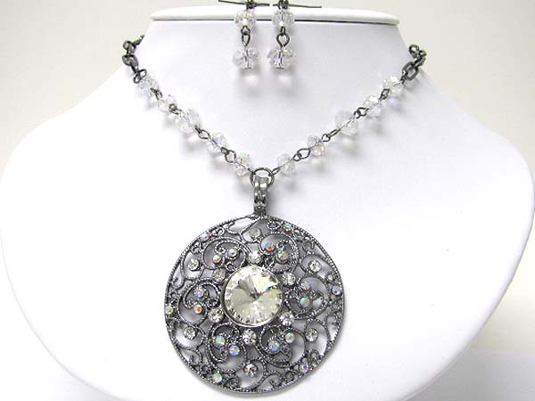 Crystal stud filigree disk medallion necklace earring set