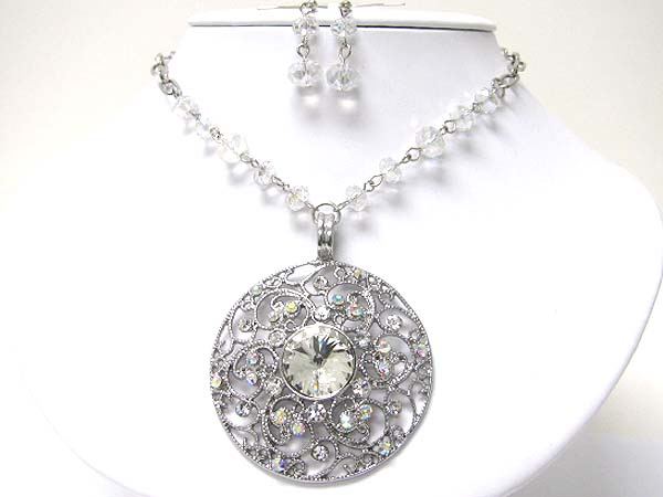 Crystal stud filigree disk medallion necklace earring set