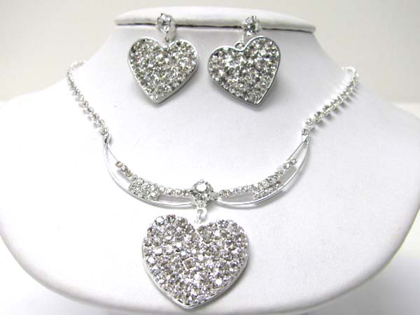 Big heart rhinestone necklace earring set