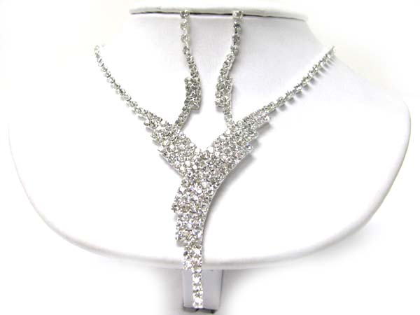 Curved v shape rhinestone necklace earring set