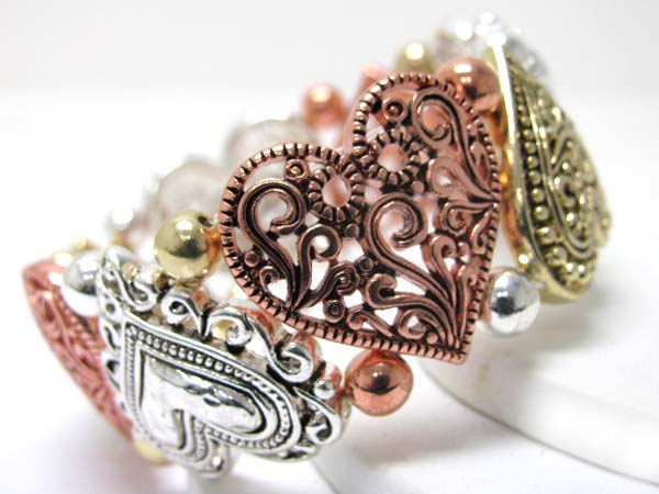 Tri tone casting heart stretch bracelet