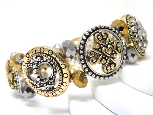 Two tone cross and crown stretch bracelet