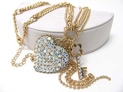 Crystal stud large heart and key charm multi chain necklace