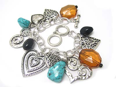 Natural stone and crystal multi large heart charm toggle bracelet