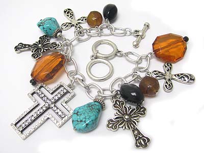 Natural stone and crystal multi large cross charm toggle bracelet