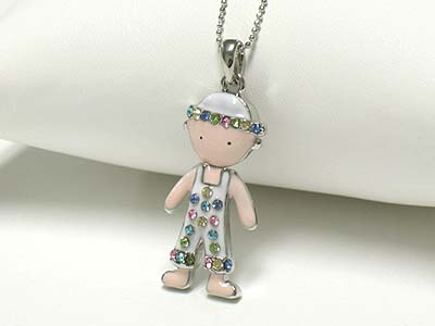 Crystal stud enamel metal nodding boy pendant necklace 