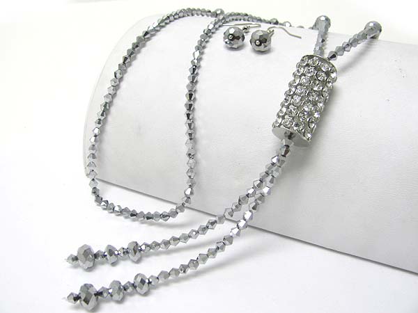 Crystal cylinder metallic beads long necklace earring set