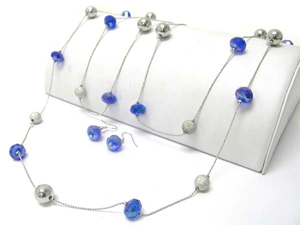 Metal ball and facet glass beads long necklace earring set