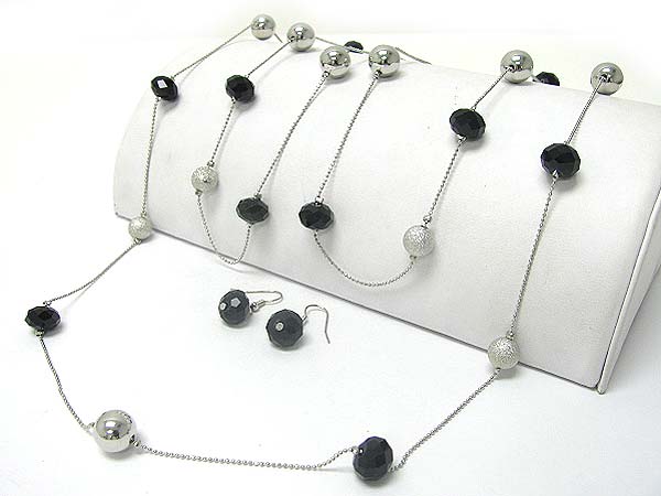 Metal ball and facet glass beads long necklace earring set