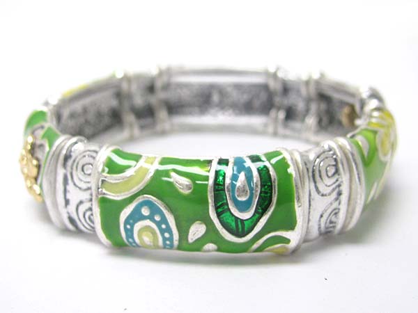 Enamel art work textured metal stretch bracelet