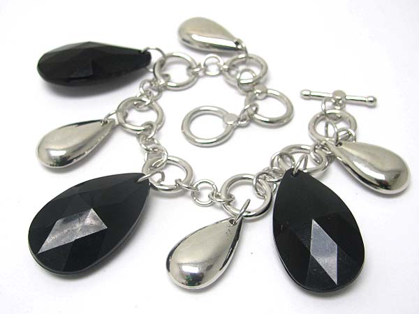 Facet glass and metal big tear drop charm toglge bracelet