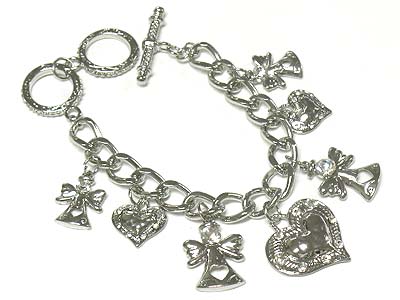 Crystal deco multi cross and heart charm dangle bracelet