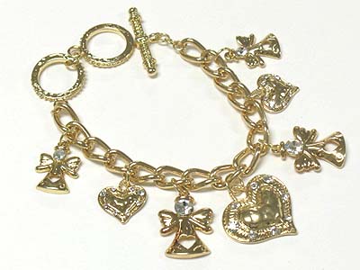 Crystal deco multi cross and heart charm dangle bracelet