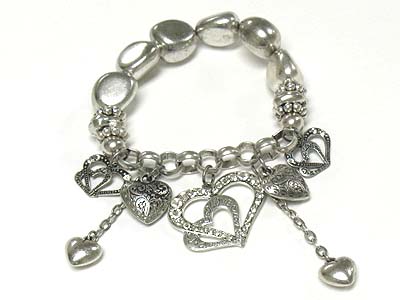 Crystal deco multi heart charm dangle stretch bracelet