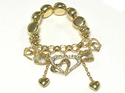 Crystal deco multi heart charm dangle stretch bracelet