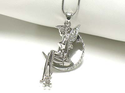 Made in korea whitegold plating crystal fairy on the moon pendant necklace