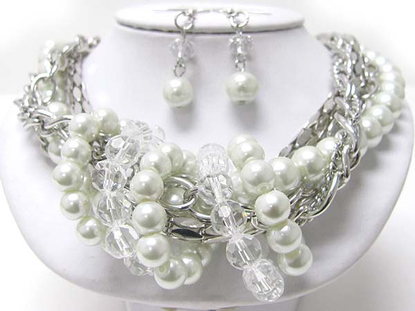 Multi row pearl ball and metal chain tangle necklace earring set