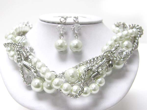 Multi row pearl ball and metal chain tangle necklace earring set