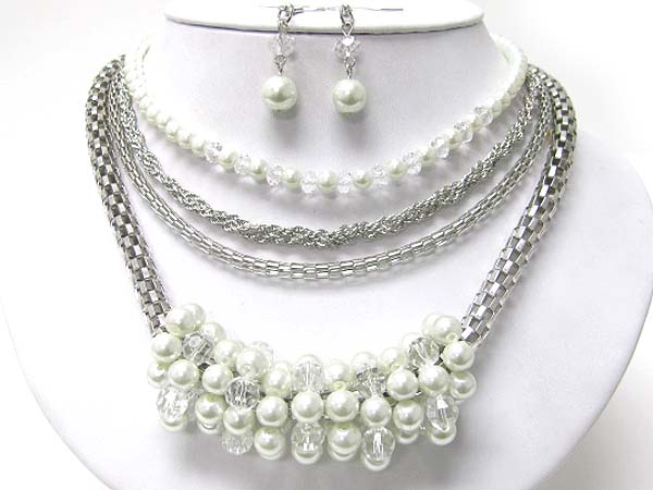 Multi layer  pearl ball cluster and metal chain necklace earring set