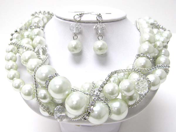 Multi row pearl ball and metal chain tangle necklace earring set