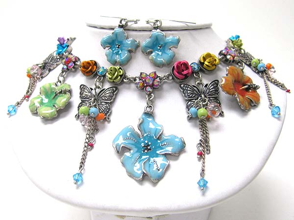 Crystal and enamel art deco flower theme necklace earring set