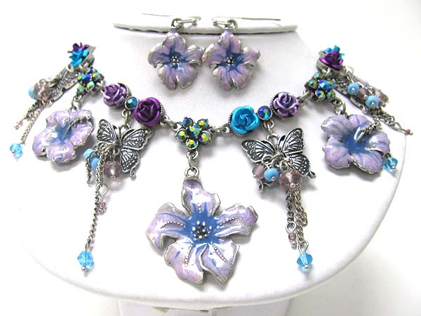 Crystal and enamel art deco flower theme necklace earring set