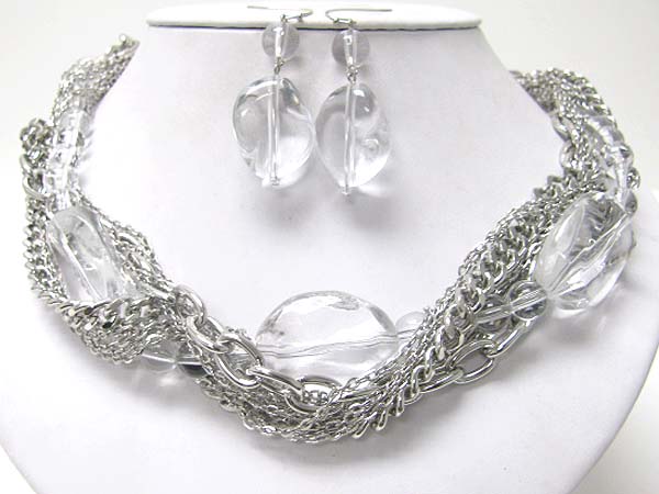 Rock crystal look ice beads and multi row chain tangle necklace set