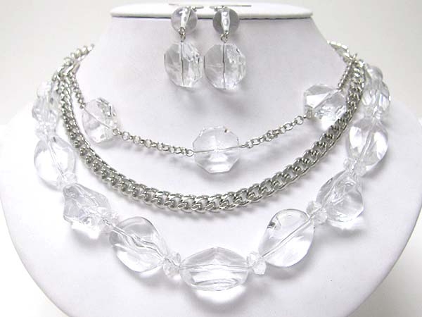 Rock crystal look ice beads and metal chain necklace set