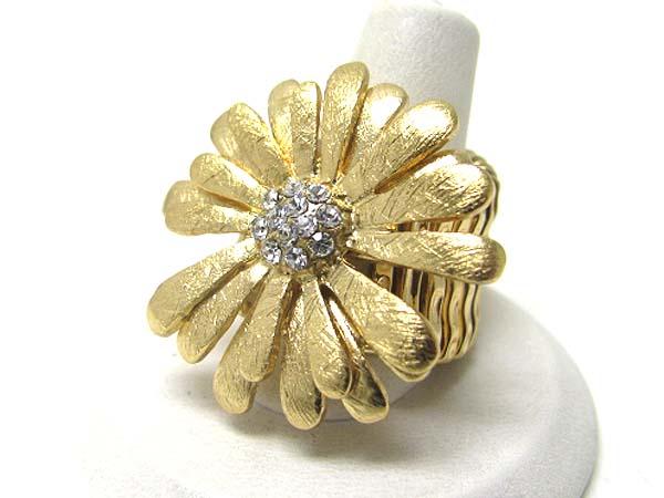 Crystal stud scratch metal flower stretch band ring - brass metal