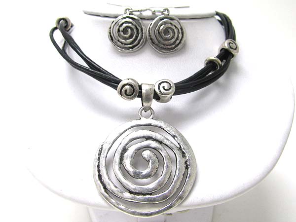 Burnish metal swirl pendant multi cord neckalce set