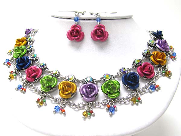 Austrian crystal and metal flower combo neckalce earring set