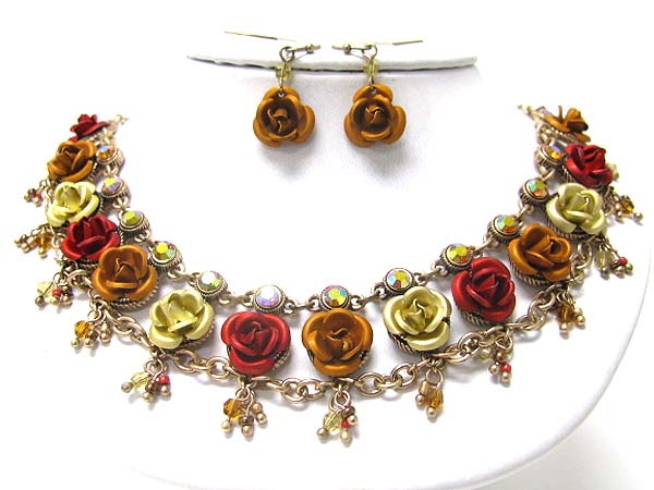 Austrian crystal and metal flower combo neckalce earring set