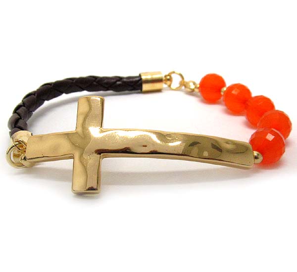 Hammerd cross and small metal beads and acryl ball  with leather stretch bracelet