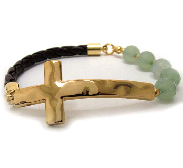 Hammerd cross and small metal beads and acryl ball  with leather stretch bracelet