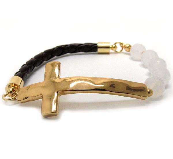 Hammerd cross and small metal beads and acryl ball  with leather stretch bracelet