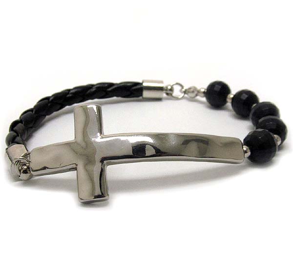 Hammerd cross and small metal beads and acryl ball  with leather stretch bracelet