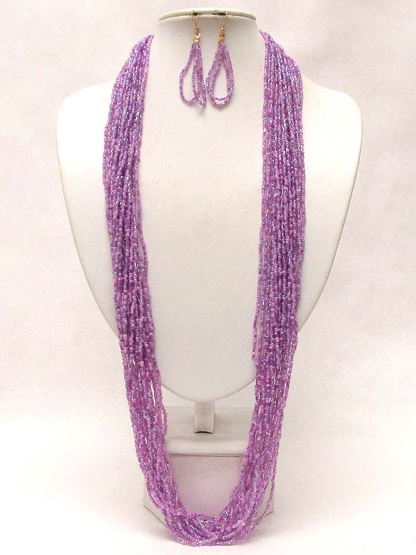 Multi layer seed beads drop long necklace earring set