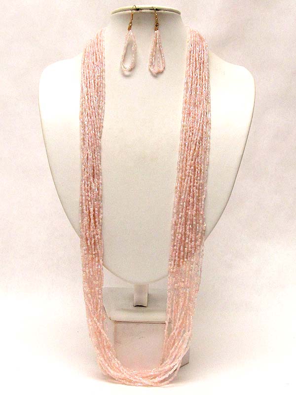 Multi layer seed beads drop long necklace earring set