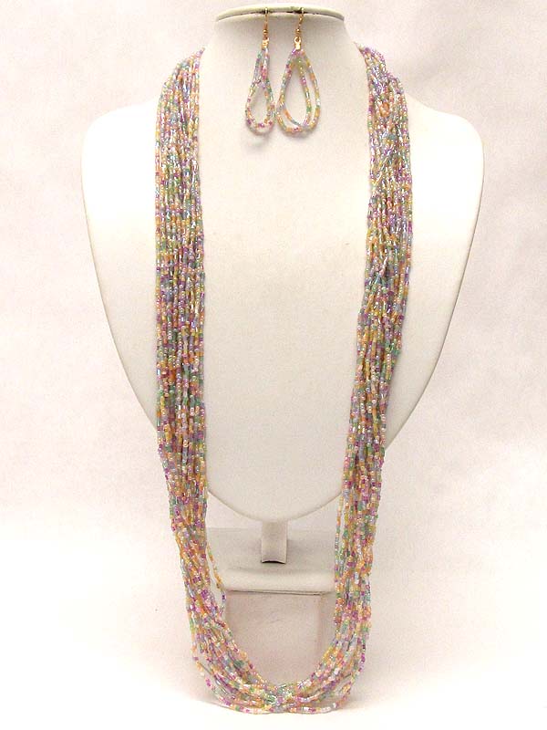 Multi layer seed beads drop long necklace earring set