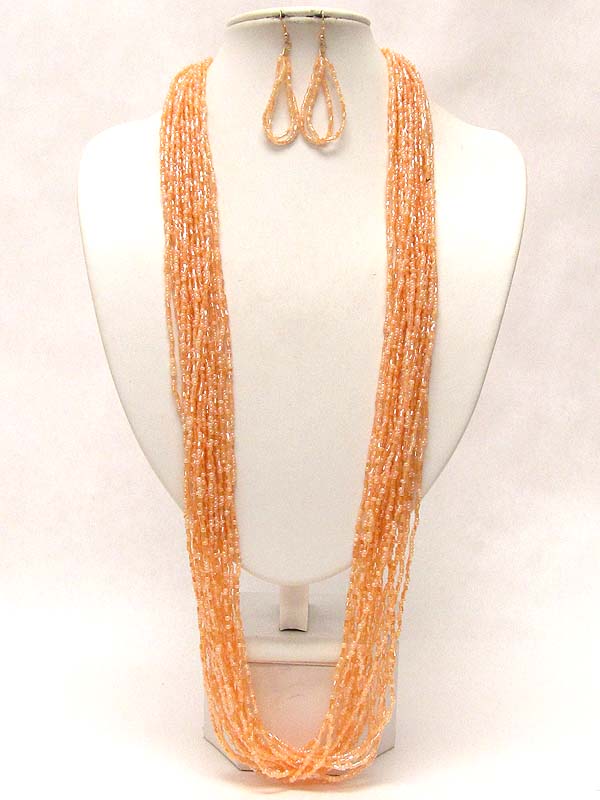 Multi layer seed beads drop long necklace earring set