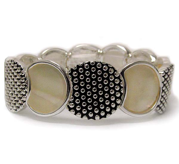 Textured dot and shell deco disk link stretch bracelet