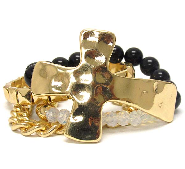 Hammered cross with acrylic ball and metal  square spikes crystal glass chain stretch bracelet set of 4