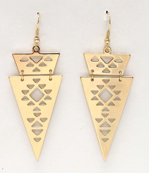 Triangular metal drop azteca pattern earring -western