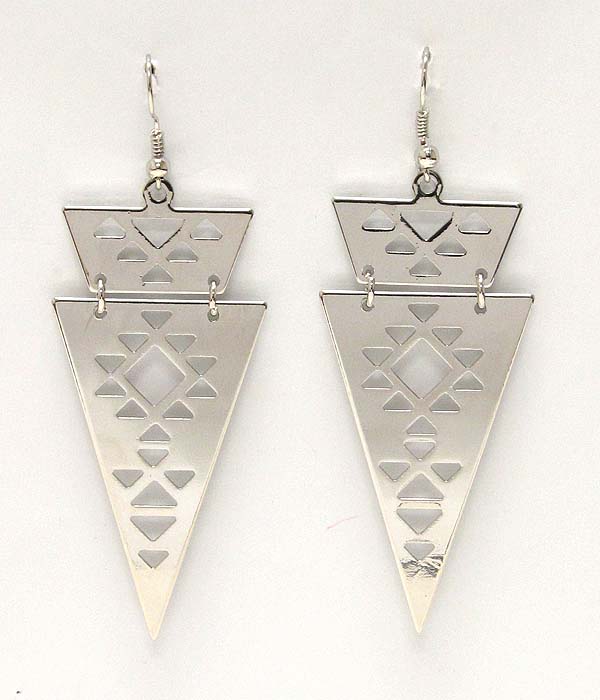 Triangular metal drop azteca pattern earring -western