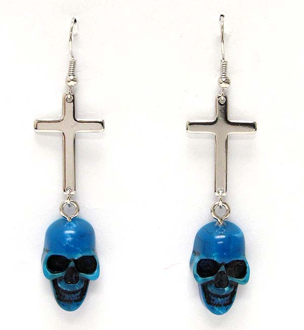 Metal cross and skull drop earring