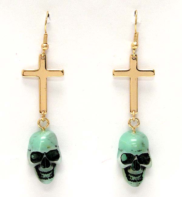 Metal cross and skull drop earring