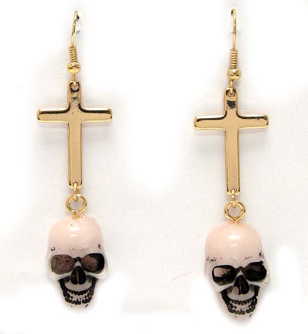 Metal cross and skull drop earring